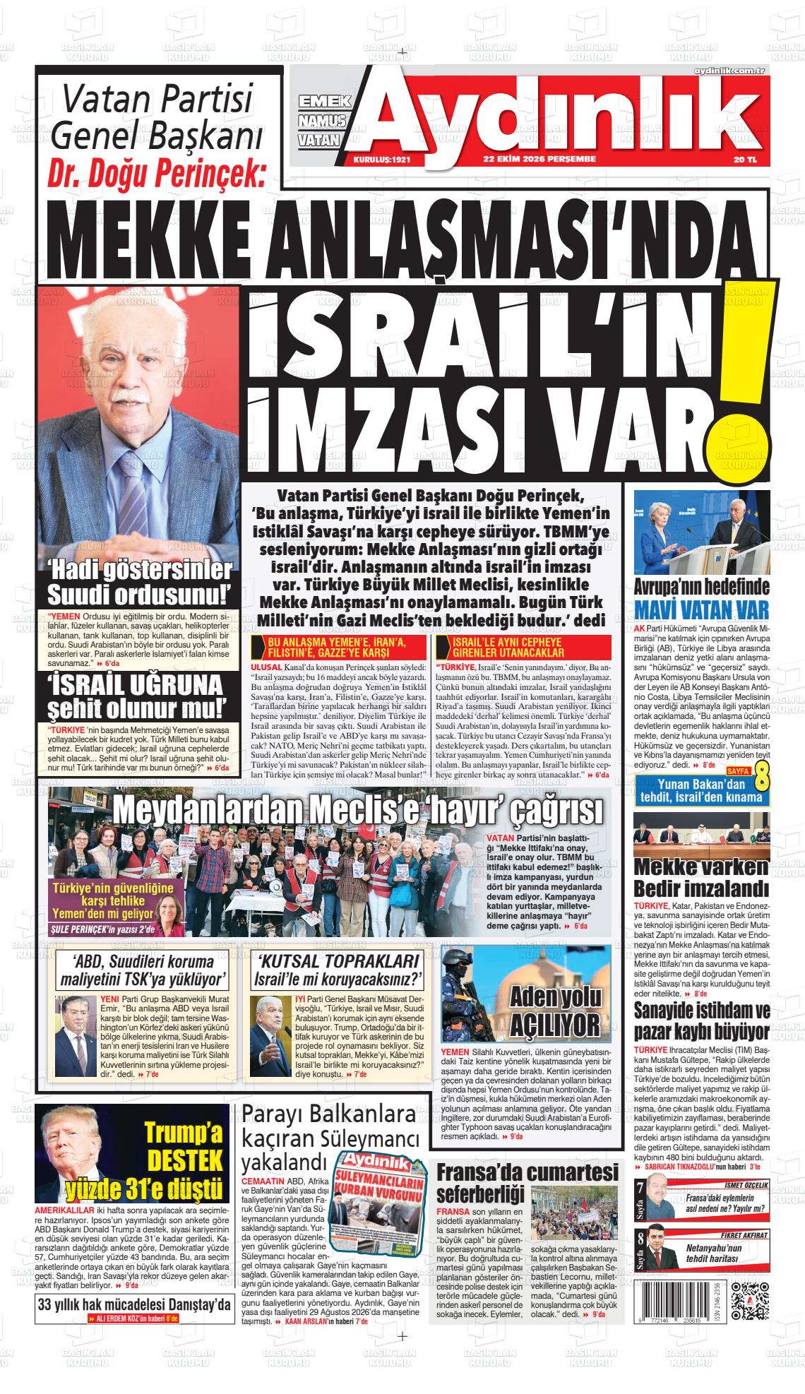 Aydınlık gazetesi ilk sayfası