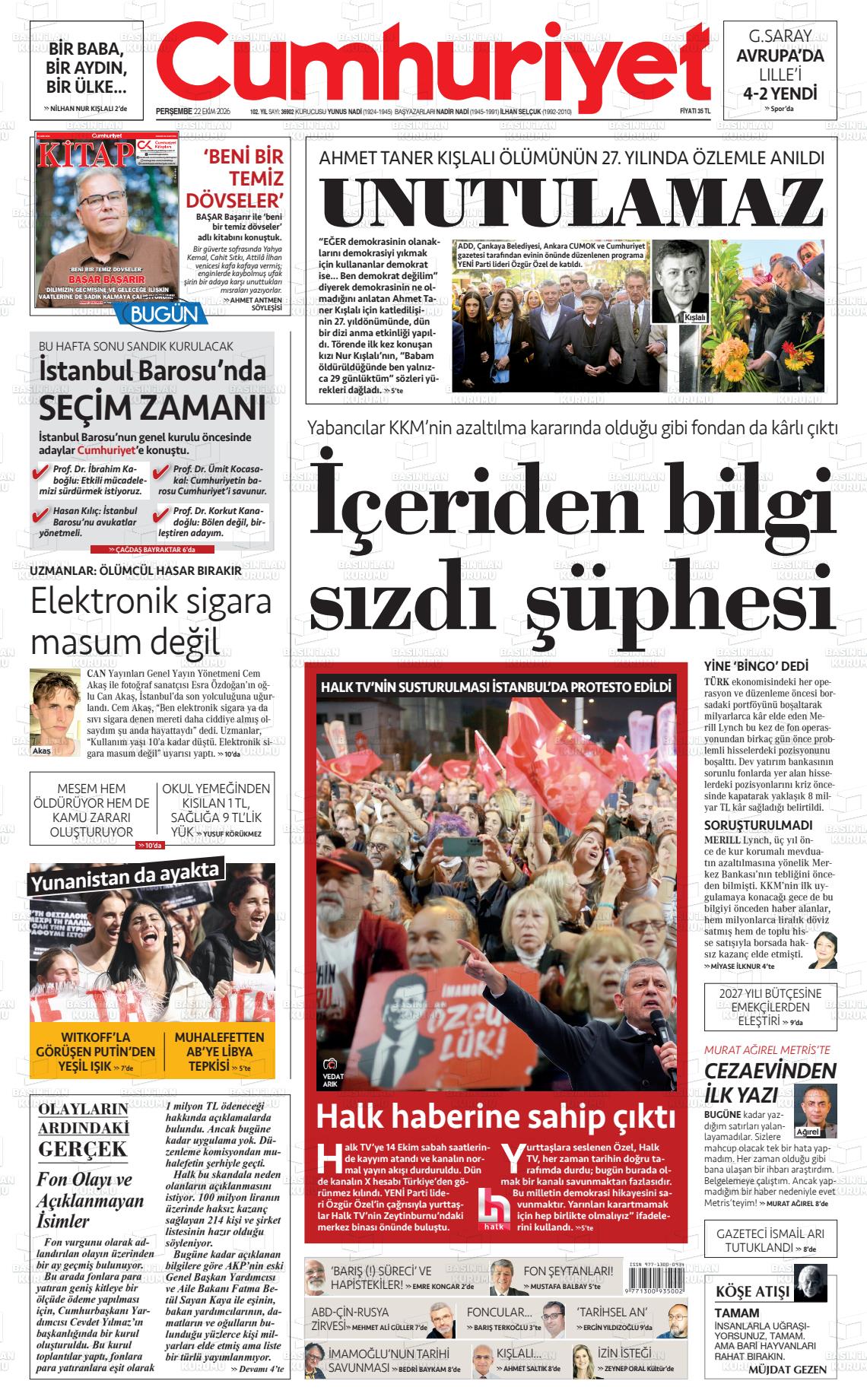 Cumhuriyet gazetesi ilk sayfası