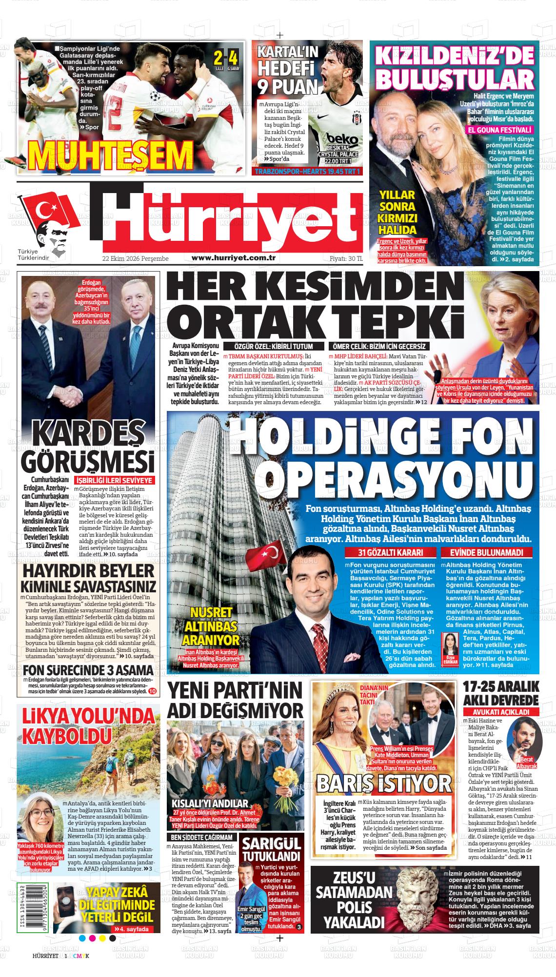 Hürriyet gazetesi ilk sayfası