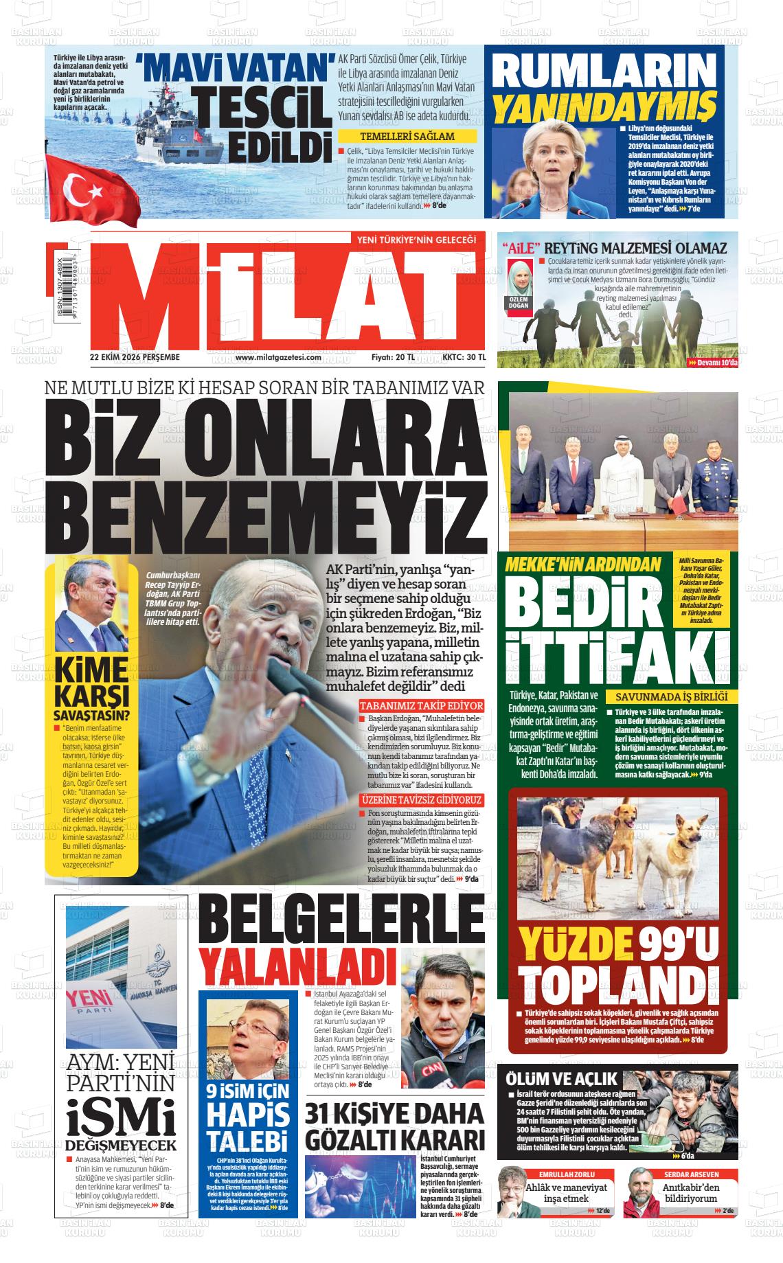Milat gazetesi ilk sayfası