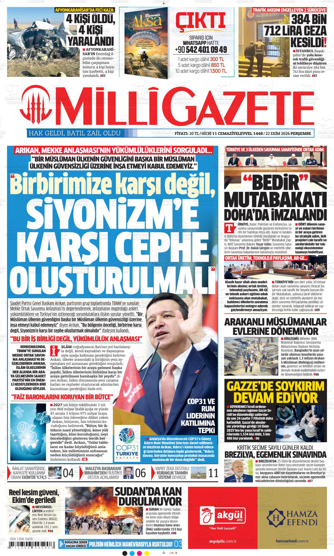 Milli Gazete gazetesi ilk sayfası