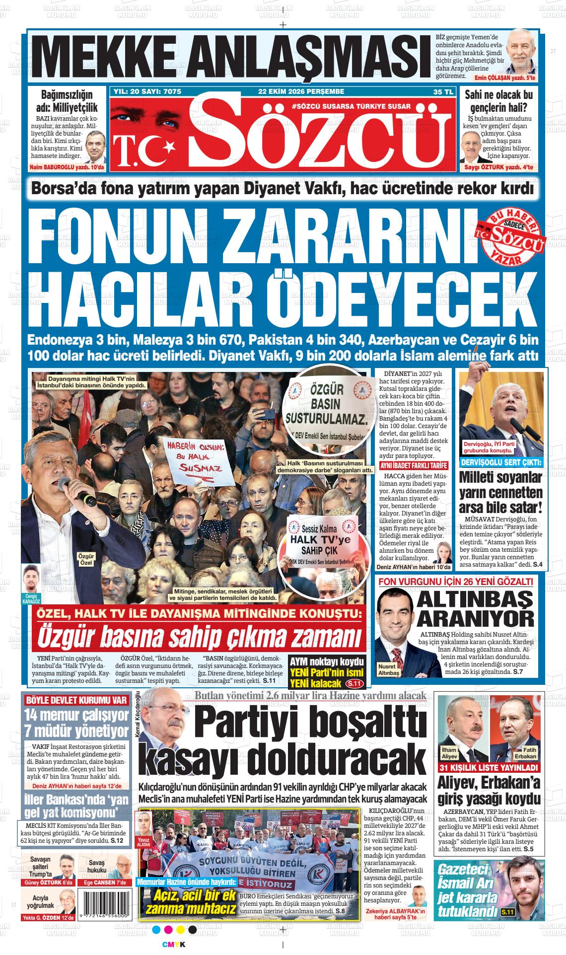 Sözcü gazetesi ilk sayfası