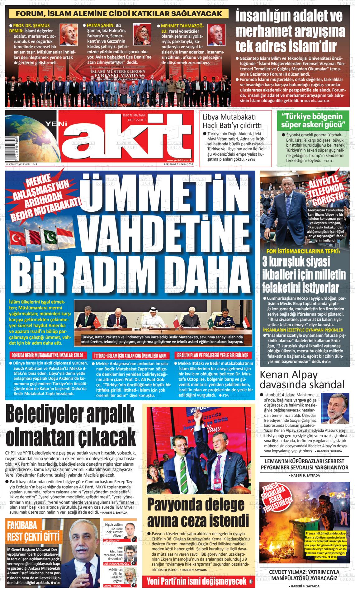 Yeni Akit gazetesi ilk sayfası