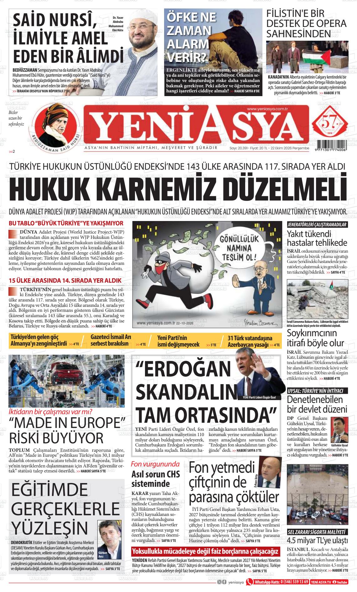 Yeni Asya gazetesi ilk sayfası