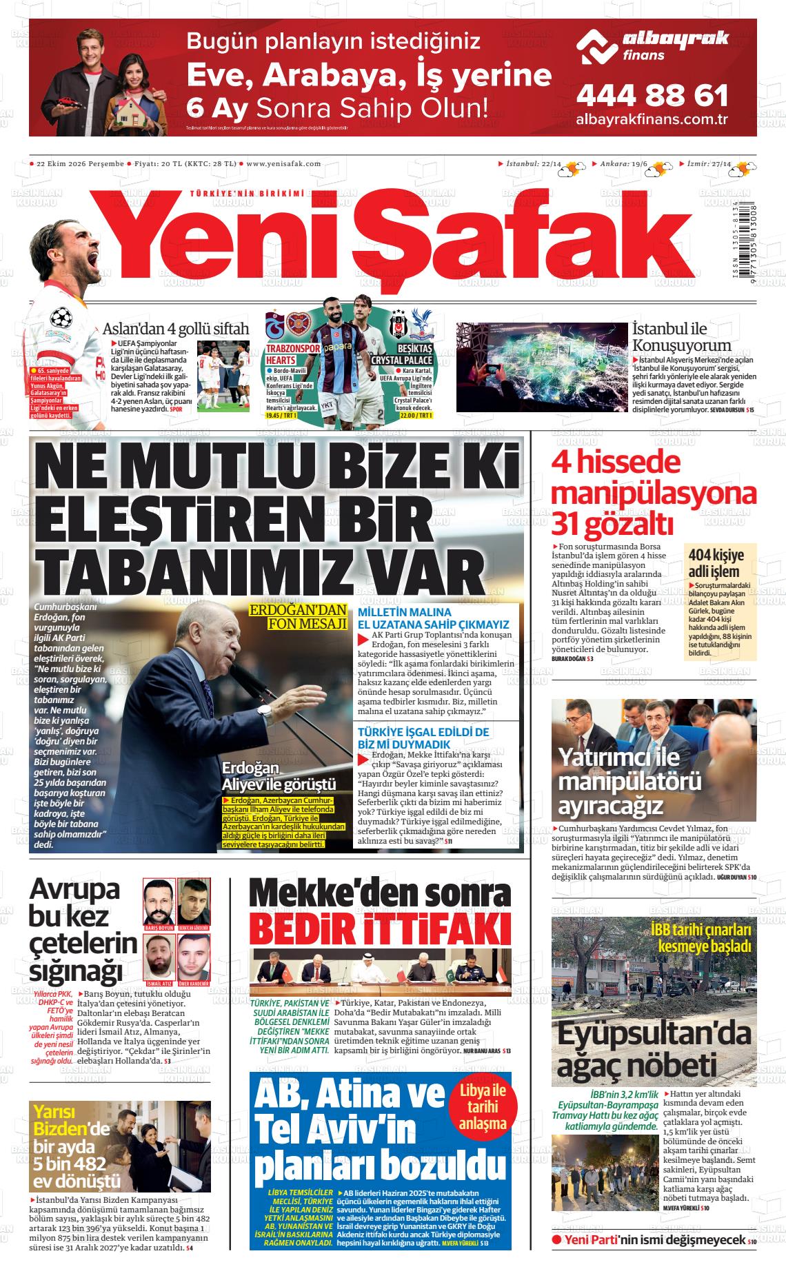 Yeni Şafak gazetesi ilk sayfası