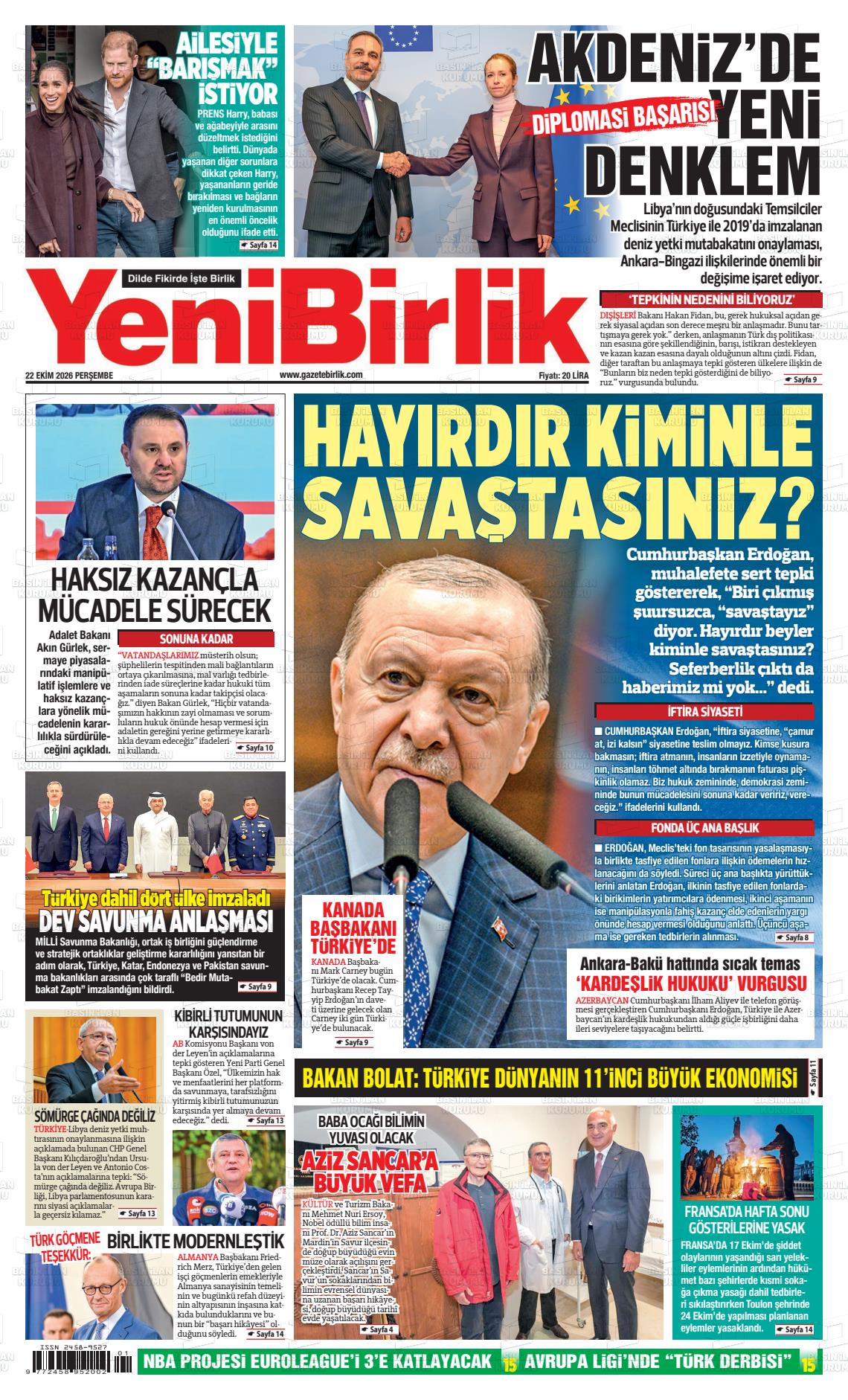 Yeni birlik gazetesi ilk sayfası